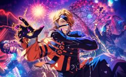  aerial_fireworks belt black_gloves black_jacket black_pants black_shirt brown_eyes brown_hair eyepatch facial_hair fireworks game_cg gloves goatee grin happy_elements helios_rising_heroes highres hood hood_up jacket jay_kidman looking_at_viewer male_focus multiple_boys night non-web_source official_art pants shirt smile solo_focus spikes teeth 