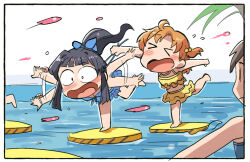  >_< 2girls bikini black_hair blue_bikini blush border chibi chibi_only commentary_request idolmaster idolmaster_million_live! long_hair mogami_shizuka multiple_girls open_mouth orange_hair ponytail short_hair standing swimsuit tripping tsubobot water white_border yabuki_kana yellow_bikini 