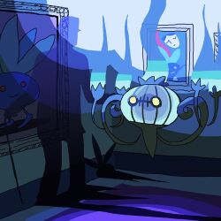  art_gallery blue_fire blue_theme chandelure feet_out_of_frame fire floating full_body no_humans oddish picture_frame pokemon pokemon_(creature) saboteri_(savot) shadow solo yellow_eyes 
