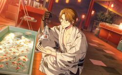  1boy bag bagged_fish brown_eyes brown_hair cum cum_on_body earrings facial facial_hair fish food_stand game_cg glasses goatee goldfish happy_elements helios_rising_heroes highres holding japanese_clothes jay_kidman jewelry kimono lantern male_focus non-web_source official_art paper_lantern parted_bangs smile solo squatting summer_festival virtual_youtuber yukata 