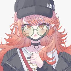  1girl arknights baseball_cap bespectacled black_hair black_jacket blush clenched_hand commentary glasses gradient_hair hand_up haruka_(arknights) haruka_(casual)_(arknights) hat jacket long_hair looking_at_viewer mask mask_pull messy_hair mouth_mask multicolored_hair official_alternate_costume open_mouth orange_eyes orange_hair pointy_ears round_eyewear shirt sidelocks solo surgical_mask tkugane white_shirt 