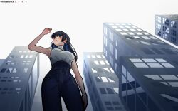  1girl black_hair blue_eyes blue_hair breasts city closed_mouth colored_inner_hair day denim from_below high-waist_pants highres hololive hololive_english jeans large_breasts multicolored_hair ouro_kronii ouro_kronii_(casual) outdoors pants sedisedi143 sleeveless sleeveless_sweater solo sweater virtual_youtuber white_sweater 