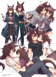  2girls alternate_costume animal_ears beanie black_shirt breasts brown_hair candy commentary cuddling eye_contact food green_pants grey_jacket grey_pants grey_shirt hand_on_another's_waist hat heart highres holding holding_candy holding_food holding_lollipop horse_ears horse_girl horse_tail hug jacket kiss kissing_cheek large_breasts lollipop long_hair looking_at_another multiple_girls multiple_views nakayama_festa_(casual)_(umamusume) nakayama_festa_(shichuukyuukatsu)_(umamusume) nakayama_festa_(umamusume) omoni_umani pants pink_eyes purple_shirt red_eyes red_shirt shirt shorts simple_background sirius_symboli_(casual)_(umamusume) sirius_symboli_(feroce)_(umamusume) sirius_symboli_(umamusume) smile tail torn_clothes torn_pants torn_shorts twitter_username umamusume white_background white_shirt yuri 