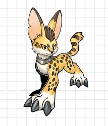 brown_eyes claws digimon digimon_(creature) grid_background looking_at_viewer no_humans official_style oridigi original serval sewally1399982 solo tail 