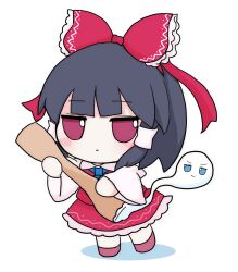  1girl ascot azuma_meri black_hair blue_ascot blunt_bangs blush_stickers bow brown_shoes closed_mouth collared_shirt commentary_request frilled_bow frilled_skirt frills full_body fumo_(doll) hair_bow hair_tubes hakurei_reimu highres jitome long_sleeves red_bow red_eyes red_skirt red_vest shirt shoes short_hair simple_background skirt skirt_set solo standing touhou vest white_background white_shirt wide_sleeves 