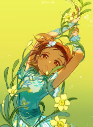  1girl absurdres artist_name braid braided_bangs brown_hair chinese_commentary commentary_request daffodil detached_sleeves dress figure_skating figure_skating_dress flower hair_flower hair_ornament hands_up highres lava_indifferent medalist_(manga) open_mouth orange_eyes print_dress short_hair short_sleeves signature simple_background solo yellow_background yuitsuka_inori 