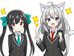  :d animal_ear_fluff animal_ears arms_behind_back black-haired_twintail_girl_(kotatsu-mazoku) black_hair black_jacket blue_ribbon blush cat_ears cat_girl cat_tail clenched_hand closed_mouth collared_shirt commentary_request dot_nose grey-haired_cat_girl_(kotatsu-mazoku) grey_hair hair_ribbon hands_up highres index_finger_raised jacket kotatsu-mazoku long_hair long_sleeves looking_at_viewer necktie open_mouth original pink_eyes red_necktie ribbon school_uniform shirt short_hair sidelocks simple_background smile sparkle tail textless_version twintails upper_body white_background white_shirt 