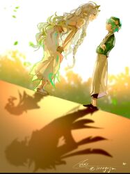  1boy 1girl aged_down akademiya_uniform bare_shoulders braid closed_mouth commentary_request crossed_arms detached_sleeves dottore_(genshin_impact) dress eye_contact from_side genshin_impact gradient_hair green_eyes green_hair green_hat grey_hair hands_on_own_knees hat highres innagaja leaning_forward long_hair looking_at_another multicolored_hair open_mouth outdoors pointy_ears red_eyes rukkhadevata_(genshin_impact) shadow short_hair signature sunlight twitter_username very_long_hair white_dress 
