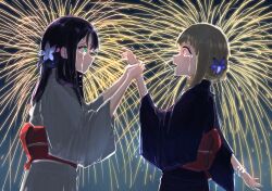  2girls absurdres aerial_fireworks black_hair blonde_hair blue_kimono cho_kaguya-hime! commentary_request crying crying_with_eyes_open fireworks flower hair_flower hair_ornament highres holding_another's_wrist japanese_clothes kaguya_(cho_kaguya-hime!) kimono long_hair miyakononaka multiple_girls red_eyes red_sash sakayori_iroha sash tears white_kimono 