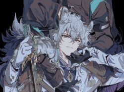  1boy 1other animal_ear_fluff animal_ears arknights black_background black_gloves black_jacket commentary_request doctor_(arknights) fur-trimmed_jacket fur_trim gloves grey_eyes grey_hair highres holding holding_sword holding_weapon hood hooded_jacket jacket looking_at_viewer short_hair silverash_(arknights) silverash_the_reignfrost_(arknights) simple_background smile sword toramaru_(696anna) upper_body weapon white_gloves white_jacket 