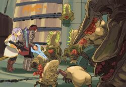  1boy 1girl alien armor black_thighhighs boots brown_boots brown_hair frieren green_eyes grey_hair gun halo_(series) highres holding holding_gun holding_sword holding_weapon kanokoga medium_hair no_mouth pointy_ears signature sousou_no_frieren spikes stark_(sousou_no_frieren) sword thigh-highs twintails weapon 