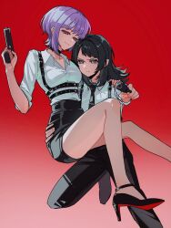  2girls aiming aiming_at_viewer bang_dream! bang_dream!_it's_mygo!!!!! black_choker black_hair black_necktie black_pants black_shoes black_skirt breasts choker closed_mouth dress_shirt finger_on_trigger gradient_background green_eyes gun handgun high_heels highres holding holding_gun holding_weapon medium_breasts medium_hair multiple_girls necktie pants pink_eyes purple_hair red_eyes shirt shoes skirt tie_clip weapon white_shirt xiaowu0074 yahata_umiri yuutenji_nyamu 