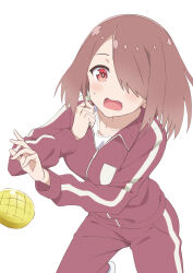  1girl absurdres artist_request bad_id bad_pixiv_id blush bread brown_hair cowboy_shot food hair_over_one_eye hands_up highres hoshino_miyako_(wataten) jacket long_sleeves melon_bread open_mouth pants red_eyes red_jacket red_pants short_hair simple_background solo sweatdrop track_jacket track_pants track_suit watashi_ni_tenshi_ga_maiorita! white_background zipper 