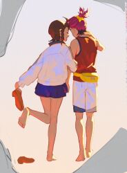  1boy 1girl bag barefoot black_hair braid brown_hair closed_eyes commentary from_behind hand_on_own_neck hetero holding holding_shoes holding_unworn_clothes iogi_(edrin_alfari) jacket juliana_(pokemon) kieran_(pokemon) long_sleeves open_mouth pink_hair pokemon pokemon_scarlet_and_violet red_tank_top shoes shorts simple_background standing tank_top untranslatable_commentary unworn_shoes white_jacket yellow_bag 