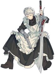  1boy alternate_costume apron belt belt_buckle belt_collar black_boots blue_eyes boots brown_belt buckle chinese_commentary clenched_teeth collar commentary crossdressing crossdressing_(mtf) devil_may_cry_(series) devil_may_cry_5 dress enmaided frills frown gougougougou gun highres holding holding_gun holding_sword holding_weapon long_sleeves looking_at_viewer maid maid_apron maid_headdress male_focus male_maid nero_(devil_may_cry) ornate_weapon red_queen_(sword) revolver short_hair simple_background sitting solo sword teeth weapon white_apron white_background white_hair 