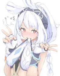  absurdres blue_hairband braid chinchilla_ears fingerless_gloves fish-shaped_pupils genshin_impact gloves hairband hawaiian_clothes highres looking_at_viewer low_twin_braids mocamocaink mualani_(genshin_impact) tan twin_braids v white_background 