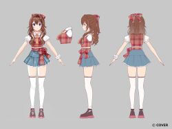  1girl blue_eyes blue_skirt bow breasts brown_hair brown_shoes collared_shirt colored_shoe_soles commentary_request copyright_notice denim denim_skirt double-parted_bangs frayed_skirt frilled_sleeves frills full_body grey_background hair_between_eyes hair_bow highres hololive loafers medium_breasts miniskirt multiple_views necktie official_alternate_costume official_alternate_hairstyle orange_necktie plaid_bow plaid_clothes plaid_shirt ponytail puffy_short_sleeves puffy_sleeves red_bow red_shirt saekiyahiro scrunchie second-party_source shirt shoes short_necktie short_ponytail short_sleeves simple_background skirt thigh-highs tokino_sora turnaround wavy_hair white_shirt white_thighhighs wrist_scrunchie 