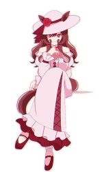  1girl animal_ears brown_hair closed_mouth clothing_cutout commentary dress flower frilled_dress frills full_body gentildonna_(umamusume) hat hat_flower highres horse_ears horse_girl horse_tail long_dress long_hair long_sleeves looking_at_viewer nail_polish oz_roo1 pink_dress pink_eyes pink_hat red_flower red_nails red_rose red_shoes rose shoes shoulder_cutout simple_background sitting solo sun_hat tail umamusume untranslatable_commentary white_background 