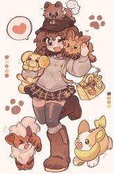  1girl bad_id bad_twitter_id baseball_cap black_hat black_thighhighs blush boots brown_boots brown_eyes brown_hair brown_skirt brown_sweater character_request dog full_body hat heart highres knee_boots long_sleeves looking_at_viewer momoiiroo one_eye_closed open_mouth original pokemon pokemon_(creature) skirt smile solo speech_bubble spoken_heart sweater thigh-highs 