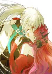  2girls 9dog_game absurdres baobhan_sith_(fate) baobhan_sith_(first_ascension)_(fate) black_dress black_gloves black_tiara braid closed_eyes commentary_request dress fate/grand_order fate_(series) gloves hair_between_eyes half_up_braid highres kiss korean_commentary long_hair long_sleeves morgan_le_fay_(fate) morgan_le_fay_(queen_of_winter)_(fate) mother_and_child mother_and_daughter multiple_girls open_mouth parent_and_child pink_hair ponytail red_nails sharp_teeth simple_background smile spikes teeth tiara very_long_hair white_background white_hair 