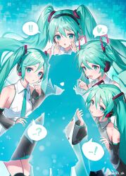  5girls almn_sk aqua_hair aqua_nails aqua_necktie aqua_trim arm_tattoo bare_shoulders black_skirt blush breasts collarbone collared_shirt commentary_request detached_sleeves dual_persona grey_shirt hair_between_eyes hair_ornament hatsune_miku hatsune_miku_(nt) hatsune_miku_(vocaloid4) hatsune_miku_(vocaloid6) headset highres light_blush long_hair long_sleeves looking_at_another looking_at_viewer medium_breasts multiple_girls necktie number_tattoo open_mouth shirt skirt sleeveless sleeveless_shirt smile tattoo twintails v4x very_long_hair vocaloid white_shirt wide_sleeves 