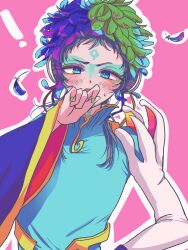  1other androgynous blue_eyes commentary_request dress facepaint facial_mark feathers gnosia green_hair headphones highres long_hair long_sleeves looking_at_viewer makeup nan_(wakuwakufanyu) other_focus raqio short_hair simple_background solo tattoo upper_body 