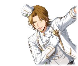  1boy ascot brown_eyes brown_hair facial_hair formal_clothes game_cg gloves goatee happy_elements hat helios_rising_heroes jacket jay_kidman long_sleeves looking_at_viewer male_focus non-web_source official_alternate_costume official_art open_mouth shirt smile solo suit teeth transparent_background upper_body vest white_gloves 