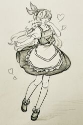  1girl absurdres animal_on_shoulder apron cat cat_on_shoulder chinese_commentary commentary_request ellen_(touhou) full_body hairband heart highres kneehighs long_hair looking_at_viewer one_eye_closed puffy_short_sleeves puffy_sleeves shoes short_sleeves skirt socks socrates touhou touhou_(pc-98) traditional_media very_long_hair vest waist_apron wu_yu_wanwan 