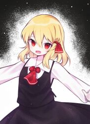  1girl ascot black_skirt black_vest blonde_hair collared_shirt commentary_request cowboy_shot dot_nose double-parted_bangs fang hair_between_eyes hair_ribbon long_sleeves looking_at_viewer open_mouth red_ascot red_eyes red_ribbon ribbon rumia shirt short_hair skirt skirt_set solo soooooook2 touhou vest white_shirt 