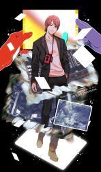 1010_mumumu 1boy black_background black_jacket black_pants brown_hair commentary_request full_body highres jacket kadoya_tsukasa kamen_rider kamen_rider_dcd male_focus pants pink_shirt shirt short_hair solo_focus
