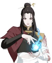  1girl absurdres avatar_legends azula bandaged_stomach black_eyes black_hair black_shirt blue_fire cape commentary english_commentary fire hair_bun hair_ornament hair_stick highres lightning_scar long_hair pyrokinesis red_cape red_nails scar scar_on_arm shirt side_cape signature single_sleeve solo upper_body virtuware white_background 