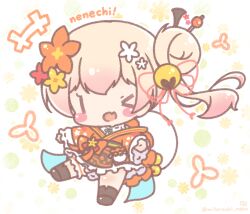  >_o +++ 1girl ;d bell black_boots blonde_hair blush_stickers boots chibi commentary_request fang floral_background flower hair_bell hair_between_eyes hair_bun hair_flower hair_ornament highres hololive japanese_clothes jingle_bell kimono long_sleeves looking_at_viewer mitarashi_neko momosuzu_nene obi off_shoulder one_eye_closed orange_flower orange_kimono red_flower ribbon-trimmed_sleeves ribbon_trim sash side_ponytail single_side_bun smile solo virtual_youtuber white_background white_flower wide_sleeves yellow_flower |_| 