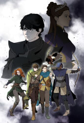  2girls 4boys absurdres aiming alternate_universe animification arm_around_neck arm_guards armor arrow_(projectile) bard bird black_armor black_hair blue_cape boots bow_(weapon) breasts brown_boots brown_hair cape cloak commentary dark-skinned_male dark_skin dual_wielding dustin_henderson eagle eleven_(stranger_things) english_commentary green_cloak grey_boots helmet highres holding holding_bow_(weapon) holding_knife holding_unworn_helmet holding_weapon hood hooded_cape knee_boots knife lucas_sinclair max_mayfield medium_breasts mike_wheeler multiple_boys multiple_girls orange_hair pzz_pls reverse_grip stranger_things unworn_headwear unworn_helmet weapon will_byers 