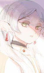  1girl closed_mouth earrings elf frieren green_eyes highres jewelry kijihata111 pointy_ears shirt simple_background sousou_no_frieren teardrop_earrings twintails white_background white_shirt 