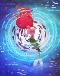 1girl air_bubble ariel_(disney) arms_up bare_shoulders bikini blue_background blush bubble closed_eyes commentary_request fins fish floating_hair green_scales green_tail hair_floating_upwards highres long_hair merfolk mermaid monster_girl naco_oekaki open_mouth red_hair red_lips shell shell_bikini smile solo sparkle swimsuit teeth the_little_mermaid_(disney) underwater upper_teeth_only 