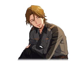  1boy :d belt black_gloves black_necktie black_pants brown_eyes brown_hair collared_shirt facial_hair game_cg gloves goatee grey_shirt happy_elements helios_rising_heroes jay_kidman long_sleeves looking_to_the_side male_focus necktie non-web_source official_art open_mouth pants shirt single_glove sitting smile solo transparent_background 