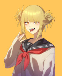  1girl black_sailor_collar blonde_hair boku_no_hero_academia brown_cardigan buttons cardigan commentary fingernails hand_up highres issac3389 looking_at_viewer neckerchief red_neckerchief sailor_collar short_hair simple_background sleeves_past_wrists solo toga_himiko tongue tongue_out upper_body yellow_background yellow_eyes 