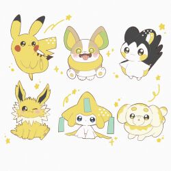  aqua_eyes blush brown_eyes closed_mouth commentary_request emolga fidough green_eyes highres jira_077 jirachi jolteon no_humans one_eye_closed pikachu pokemon pokemon_(creature) pokemon_focus smile sparkle star_(symbol) white_background yamper yellow_eyes 