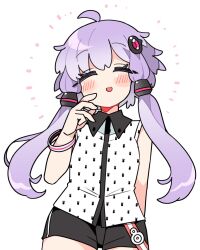  1girl :d a.i._voice ahoge animal_print bare_shoulders black_shorts blush closed_eyes collared_shirt commentary_request cowboy_shot facing_viewer hair_ornament hand_up ini_(inunabe00) open_mouth print_shirt purple_hair rabbit_print shirt short_hair_with_long_locks short_shorts shorts simple_background sleeveless sleeveless_shirt smile solo vocaloid voiceroid white_background yuzuki_yukari yuzuki_yukari_(a.i._voice) 