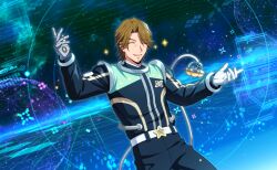  1boy beard belt brown_eyes brown_hair facial_hair game_cg gloves goatee happy_elements helios_rising_heroes highres jay_kidman male_focus non-web_source official_art open_mouth smile solo star_(symbol) teeth upper_teeth_only white_belt white_gloves 