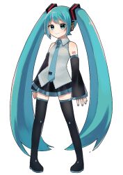  1girl akikan_sabako arms_at_sides bare_shoulders black_boots black_skirt black_sleeves blue_eyes blue_hair blue_nails blue_necktie blush boots closed_mouth collared_shirt commentary_request detached_sleeves full_body grey_shirt hatsune_miku headphones long_hair long_sleeves looking_at_viewer miniskirt nail_polish necktie number_tattoo pleated_skirt shirt shoulder_tattoo sidelocks simple_background skirt sleeveless sleeveless_shirt sleeves_past_wrists smile solo standing tattoo thigh_boots tie_clip twintails very_long_hair vocaloid vocaloid_boxart_pose white_background zettai_ryouiki 