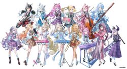  6+girls absurdres ahoge alternate_costume animal_ear_fluff animal_ears antenna_hair aqua_eyes asymmetrical_legwear azki_(hololive) band_(music) belt black_belt black_boots black_bow black_bowtie black_hair black_necktie black_pantyhose black_shoes black_skirt black_thighhighs blonde_hair blue_dress blue_eyes blue_hair blue_shoes boots bow bowtie braid brown_bow brown_bowtie brown_dress brown_shoes candy_hair_ornament closed_mouth clothes_around_waist clothing_cutout commentary_request company_name copyright_notice crossed_bangs dog_ears dog_girl dog_tail dress dress_bow elbow_gloves elf face_jewel fishnet_pantyhose fishnets floating_hair flute food-themed_hair_ornament fox_ears fox_girl fox_tail full_body fuwawa_abyssgard glockenspiel gloves grey_shoes hair_between_eyes hair_bow hair_ornament hair_ribbon hairclip hakui_koyori hands_up heterochromia high_heels highres himemori_luna holding holding_flute holding_instrument hololive hololive_dev_is hololive_english horns instrument kikirara_vivi knee_boots kneehighs koseki_bijou la+_darknesss leg_warmers lineup loafers long_dress long_hair long_sleeves looking_at_viewer loose_socks low_twintails mary_janes mococo_abyssgard multicolored_hair multiple_girls music musical_note musical_note_hair_ornament necktie nekoyashiki_pushio official_art one_eye_closed ookami_mio open_mouth orange_skirt otonose_kanade pantyhose pink_bow pink_bowtie pink_dress pink_eyes pink_hair playing_flute playing_instrument pointy_ears ponytail purple_dress purple_hair purple_skirt red_eyes red_hair ribbon sheep_ears sheep_girl sheep_horns shirakami_fubuki shiranui_flare shirt shoes short_hair short_sleeves shoulder_cutout siblings simple_background sisters sitting skirt smile socks socks_over_pantyhose standing standing_on_one_leg streaked_hair symbol-shaped_pupils tail thigh-highs thigh_strap tongue tongue_out transparent_background tsunomaki_watame twin_braids twins twintails two-tone_tail uneven_legwear very_long_hair violet_eyes virtual_youtuber white_background white_boots white_bow white_gloves white_hair white_leg_warmers white_shirt white_skirt white_socks wolf_ears wolf_girl wolf_tail yellow_eyes yukihana_lamy 