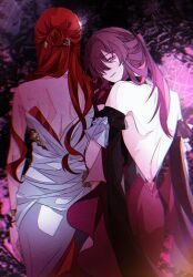  2girls backless_outfit dress evening_gown hair_bun highres himeko_(honkai:_star_rail) honkai:_star_rail honkai_(series) kafka_(honkai:_star_rail) long_hair looking_ahead looking_at_viewer looking_back multiple_girls purple_dress purple_hair red_hair violet_eyes wendy_05 white_dress 