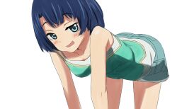  1girl :d all_fours ano_natsu_de_matteru bare_shoulders blue_eyes blue_hair blue_shorts blunt_bangs blush breasts camisole collarbone commentary_request cutoffs denim denim_shorts derivative_work green_camisole looking_at_viewer medium_breasts open_mouth rasielcochma short_hair shorts simple_background smile smug solo tanigawa_kanna white_background 