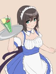  1girl aoi_erika aoi_erika_(deliverer_of_miracle) apron aqua_eyes bare_shoulders black_hair blue_dress blush breasts brown_background cherry clenched_hand closed_mouth collarbone commentary_request cowboy_shot detached_collar detached_sleeves dirndl dress drink eyes_visible_through_hair flat_color food frilled_apron frilled_dress frilled_sleeves frills fruit german_clothes hair_between_eyes hand_up heaven_burns_red highres holding holding_tray large_breasts looking_at_viewer maid maid_headdress medium_hair mok_kan official_alternate_costume puffy_short_sleeves puffy_sleeves short_sleeves simple_background sleeveless sleeveless_dress smile soda solo split_mouth tray waist_apron white_apron 