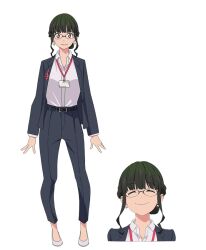  1girl ^_^ anime_coloring anosillus_ii belt belt_buckle black_pants black_suit braid breasts buckle closed_eyes closed_mouth collared_shirt commentary_request concept_art cropped_shoulders dot_nose earrings facing_viewer full_body glasses green_hair gridman_universe hair_up heart heart_earrings id_card jacket jewelry lanyard lapels long_sleeves looking_at_viewer multiple_expressions multiple_views musical_note musical_note_print notched_lapels official_art open_clothes open_collar open_jacket orange_eyes pants partially_unbuttoned red_eyes reference_sheet sakamoto_masaru shirt shirt_tucked_in short_hair_with_long_locks sidelocks simple_background smile solo ssss.dynazenon standing stud_earrings suit treble_clef wavy_sidelocks white_background white_shirt 