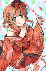  1girl :q ;q bare_shoulders black_hat blue_background blunt_bangs blush bow braid brown_hat closed_mouth commentary_request cowboy_shot feet_out_of_frame fish floral_print floral_print_kimono flower fur_collar fur_trim green_eyes grid_background hair_bow hair_flower hair_ornament hair_rings hakama hakama_skirt hands_up hat hat_bow highres japanese_clothes jin_kansai kimono licking_lips long_sleeves looking_at_viewer medium_hair mini_hat miniskirt obi off_shoulder official_alternate_costume official_alternate_hairstyle one_eye_closed orange_hair orange_kimono pink_flower pleated_skirt princess_connect! print_kimono red_bow red_skirt rino_(new_year)_(princess_connect!) rino_(princess_connect!) sash short_kimono sidelocks skirt smile solo split_mouth thigh-highs tongue tongue_out twintails white_thighhighs wide_sleeves zettai_ryouiki 