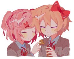  >_< 2girls :d blush bow brown_vest cookie cropped_torso doki_doki_literature_club doki_doki_literature_club_school_uniform food grey_jacket hair_bow hair_ornament hairclip highres holding holding_cookie holding_food jacket multiple_girls natsuki_(doki_doki_literature_club) neck_ribbon open_mouth red_bow red_ribbon ribbon sayori_(doki_doki_literature_club) school_uniform shirt sidelocks sillon3 simple_background small_sweatdrop smile vest white_background white_shirt xd 