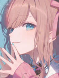  1girl black_bow black_bowtie blue_background blue_gem bow bowtie brown_hair cardigan closed_mouth collared_shirt commentary fingernails gem green_eyes green_nails long_hair long_sleeves me_meel nail_polish nijisanji own_hands_together pink_bow pink_bowtie pink_cardigan pink_nails portrait shirt signature simple_background sleeves_past_wrists smile solo striped_bow striped_bowtie striped_clothes suzuhara_lulu suzuhara_lulu_(1st_costume) two-tone_bow two-tone_bowtie untranslatable_commentary virtual_youtuber white_shirt 