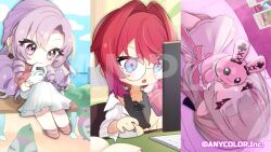  3girls ange_katrina aopon16 at_computer bird black_tank_top blue_eyes blue_sky closed_eyes clouds commentary_request computer_keyboard computer_mouse copyright_notice cup curtained_hair day debitto_(makaino_ririmu) dress drill_hair eating food food_in_mouth gradient_eyes grey_hair hair_intakes holding holding_computer_mouse holding_cup holding_food holding_stuffed_toy hyakumantenbara_salome long_hair looking_at_animal lying makaino_ririmu medium_hair medium_skirt monitor multicolored_eyes multicolored_hair multiple_girls nijisanji official_alternate_costume official_art on_back on_bed on_bench onigiri open_clothes open_shirt pigeon pink_hair pink_shirt pink_shoes pointy_ears purple_hair red_hair round_eyewear sample_watermark shirt shoes short_sleeves sitting skirt sky sleeping star_(symbol) star_in_eye steaming_cup streaked_hair stuffed_animal stuffed_rabbit stuffed_toy symbol_in_eye tank_top two-tone_hair very_long_hair violet_eyes virtual_youtuber watch watch watermark white_dress white_shirt white_skirt 